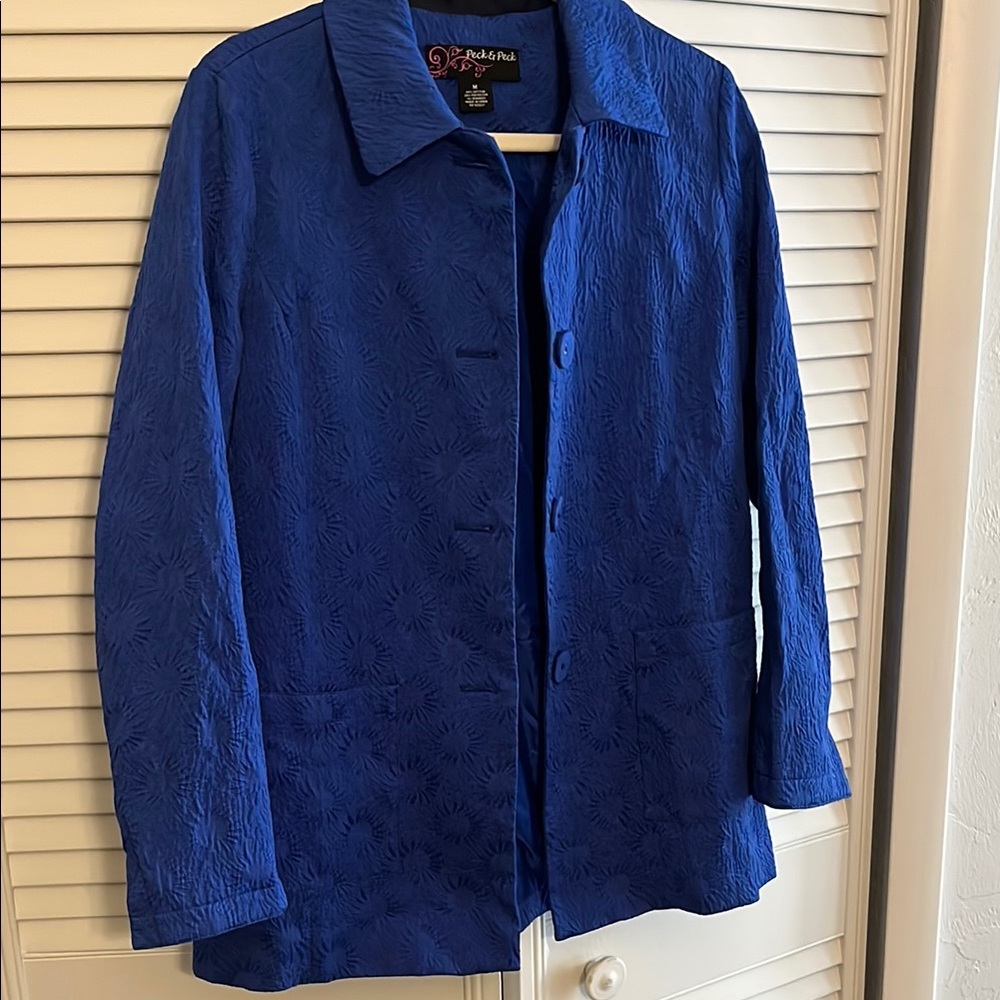 Peck & Peck Women's Blue lined 3 button Jacket with pockets SZ M